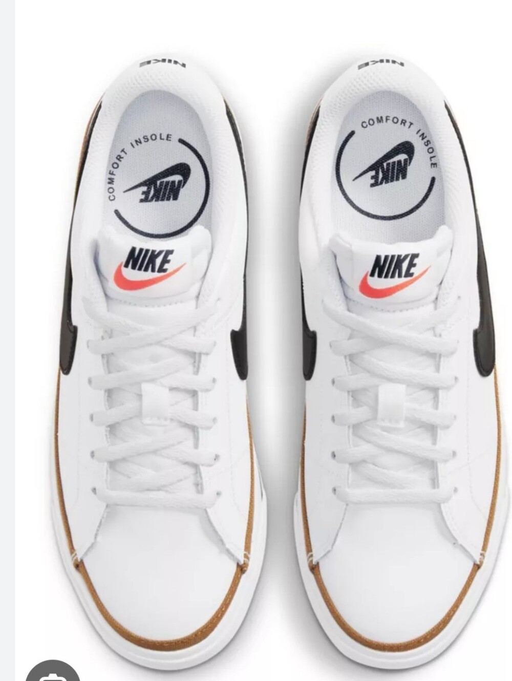 Nike White Sneakers with Black Swoosh and Brown Trim